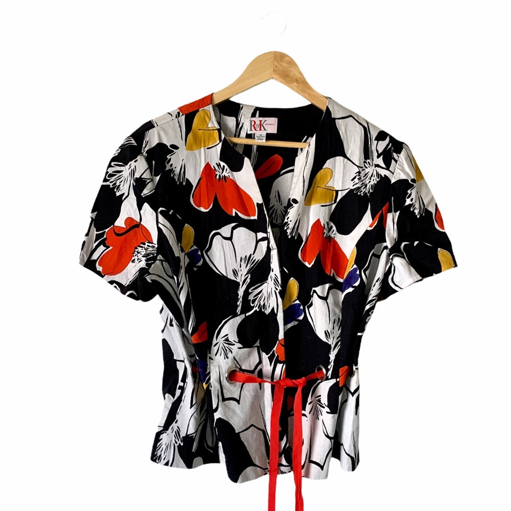 R&K Large Floral Waist Tie Blouse Top Womens Size 16 Art to Wear Colorful